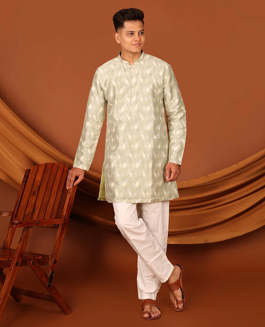 Green Jaal Pattern Textured Full-Sleeved Men's Kurta - Image 5