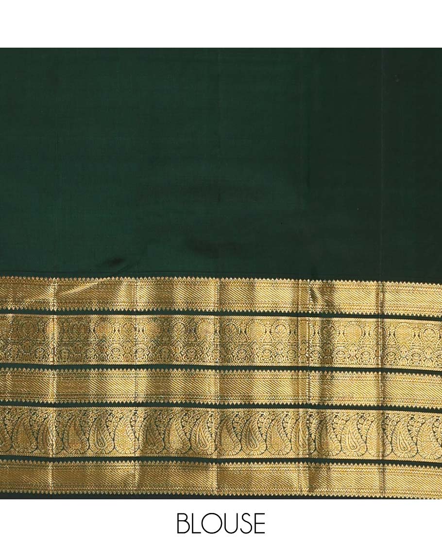 Green jacquard wedding silk saree, zari border of rekku, muthu, and manga designs, and intricate pallu - Image 6