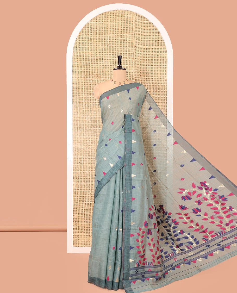 Green Jute Cotton Saree, Adorned with Diamond Meena Buttas All Over Its Body, Complemented by a Contrast Border, Pallu of Jamdhani-Style Floral Designs, and Paired with a Contrast Blouse