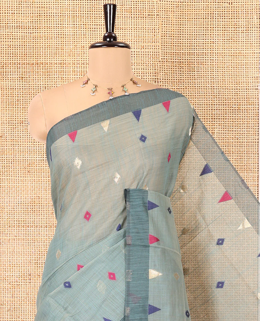 Green Jute Cotton Saree, Adorned with Diamond Meena Buttas All Over Its Body, Complemented by a Contrast Border, Pallu of Jamdhani-Style Floral Designs, and Paired with a Contrast Blouse - Image 2