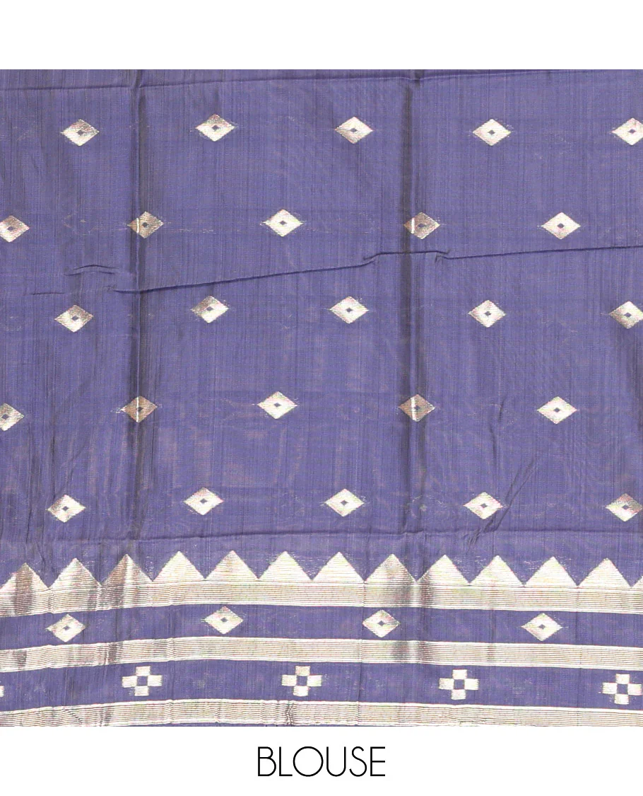 Green Jute Cotton Saree, Adorned with Diamond Meena Buttas All Over Its Body, Complemented by a Contrast Border, Pallu of Jamdhani-Style Floral Designs, and Paired with a Contrast Blouse - Image 3