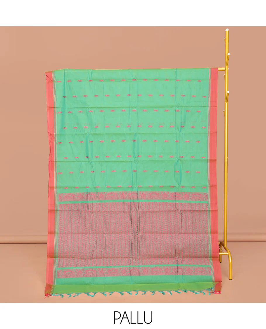 Green Kanchi Cotton Saree, Ornamented with Buttas All Over Its Body, Complemented by a Contrast Border, Pallu of Geometric Designs, and Paired with a Matching Blouse - Image 2