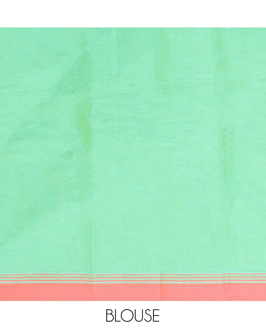 Green Kanchi Cotton Saree, Ornamented with Buttas All Over Its Body, Complemented by a Contrast Border, Pallu of Geometric Designs, and Paired with a Matching Blouse - Image 3