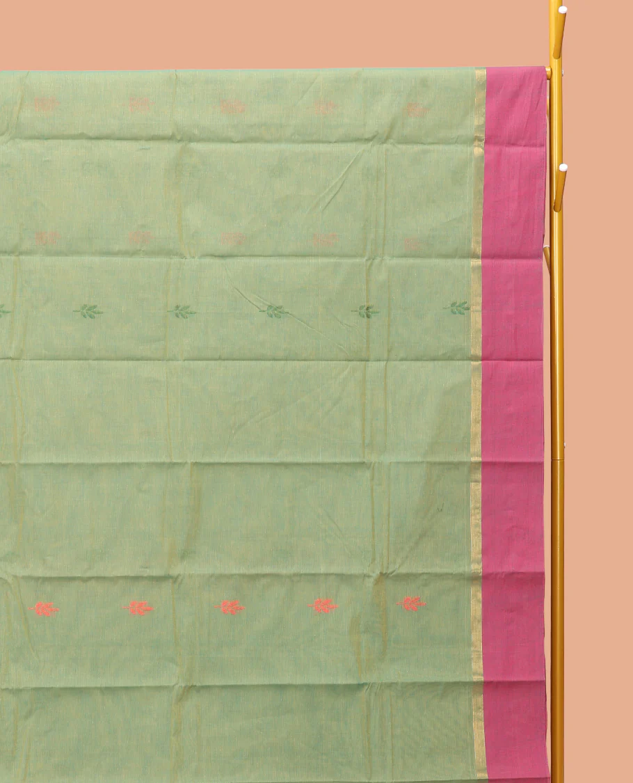 Green Kanchi Cotton Saree, Ornamented with Buttas, Contrast Border, Pallu of Floral Design, and a Matching Blouse - Image 2