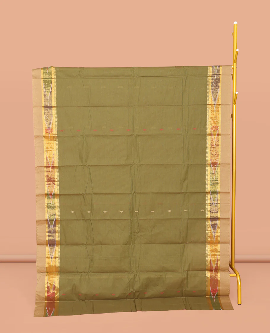 Green Kanchi Cotton Saree, Subtly Threaded with Buttas All Over Its Body, Complemented by Contrast Ikkat Border, Pallu of Paisley Designs, and Paired with a Matching Blouse