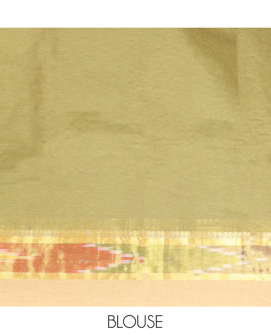 Green Kanchi Cotton Saree, Subtly Threaded with Buttas All Over Its Body, Complemented by Contrast Ikkat Border, Pallu of Paisley Designs, and Paired with a Matching Blouse - Image 3