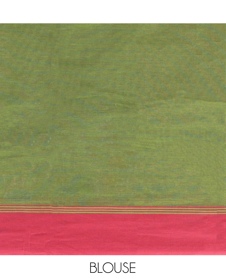 Green Kanchi Cotton Saree, Woven with Buttas on Its Body, Complemented by a Contrast Border, Pallu of Intricate Design, and a Matching Blouse - Image 4