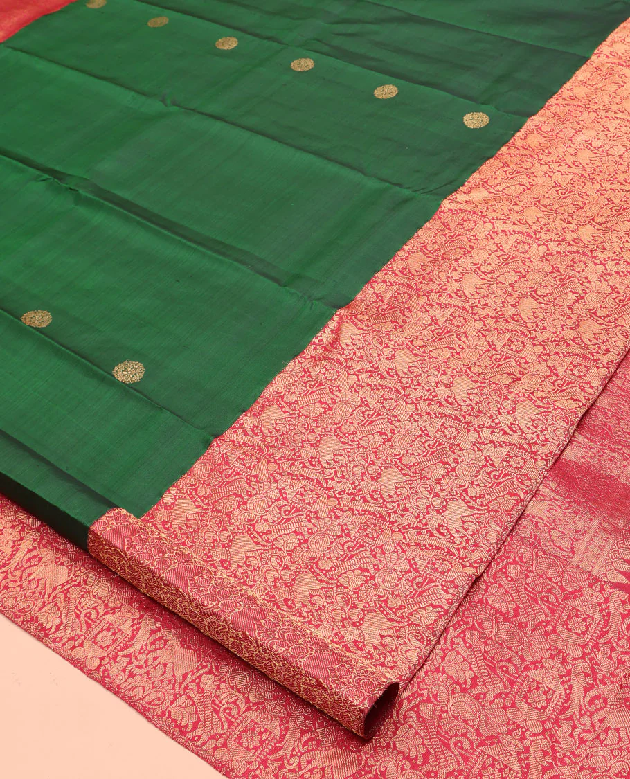 Green Kanchipuram Designer Silk Saree, Entralled with Chakram Buttas All Over Its Body, Complemented by Contrast Historically Woven Border of Yaali and Yaanai Designs, Grand Jaal Pallu and Paired with a Contrast Blouse - Image 2