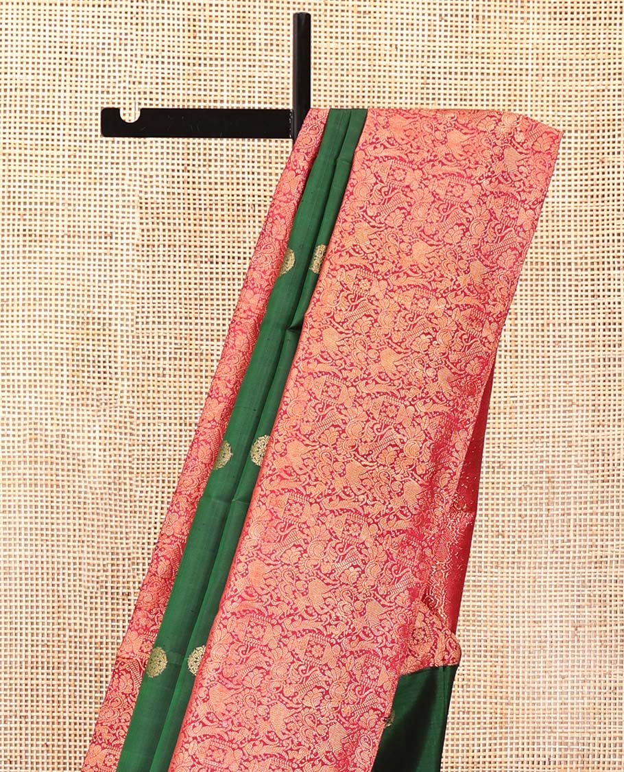Green Kanchipuram Designer Silk Saree, Entralled with Chakram Buttas All Over Its Body, Complemented by Contrast Historically Woven Border of Yaali and Yaanai Designs, Grand Jaal Pallu and Paired with a Contrast Blouse - Image 3