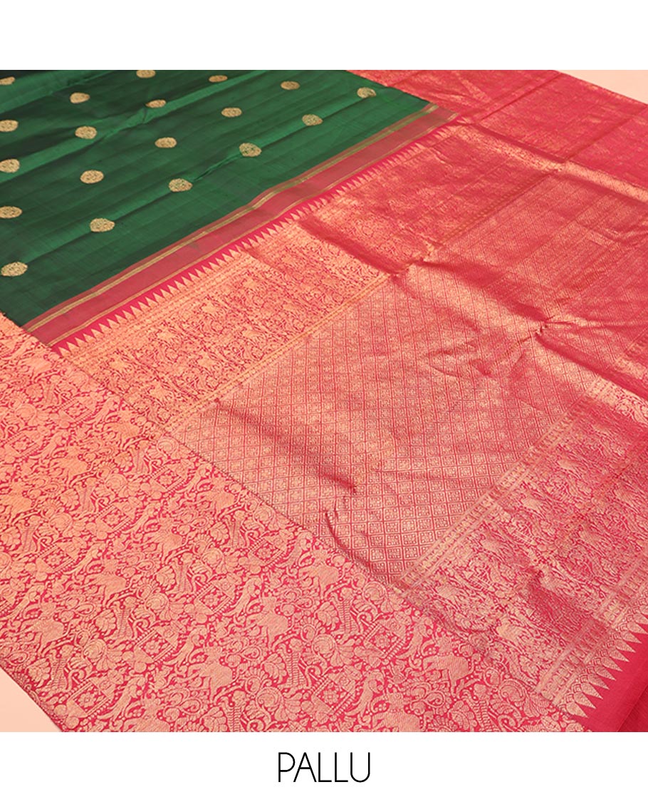 Green Kanchipuram Designer Silk Saree, Entralled with Chakram Buttas All Over Its Body, Complemented by Contrast Historically Woven Border of Yaali and Yaanai Designs, Grand Jaal Pallu and Paired with a Contrast Blouse - Image 5