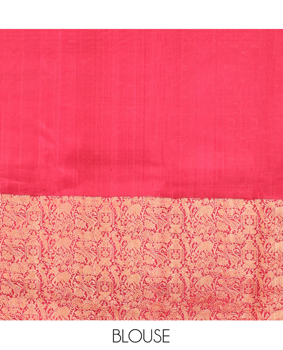 Green Kanchipuram Designer Silk Saree, Entralled with Chakram Buttas All Over Its Body, Complemented by Contrast Historically Woven Border of Yaali and Yaanai Designs, Grand Jaal Pallu and Paired with a Contrast Blouse - Image 6