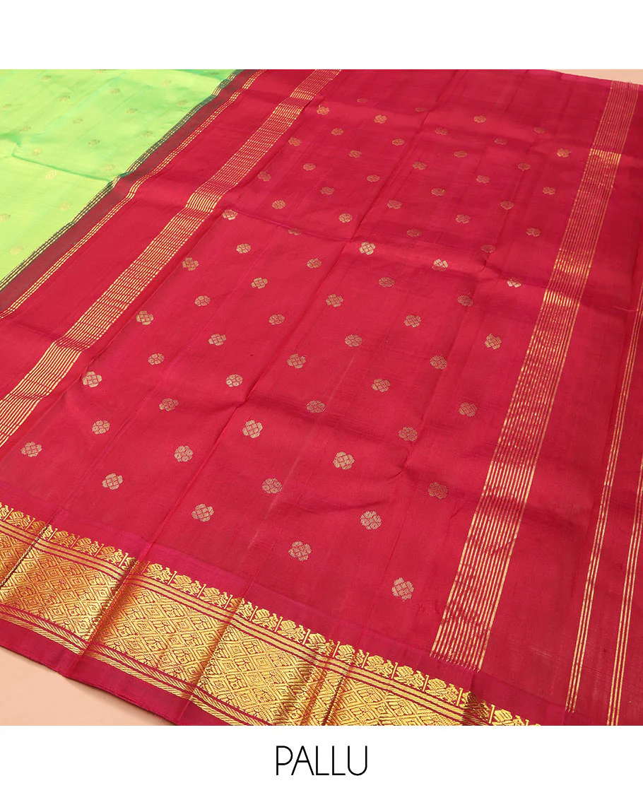 Green Kanchipuram Silk Saree, Delicately Woven with Zari Buttas on Its Body, Complemented by a Contrast One-Sided Thazampoo Rekku Border of Mayil and Jaal Designs, Pallu Depicts Zari Designs, and Comes Without a Blouse - Image 5