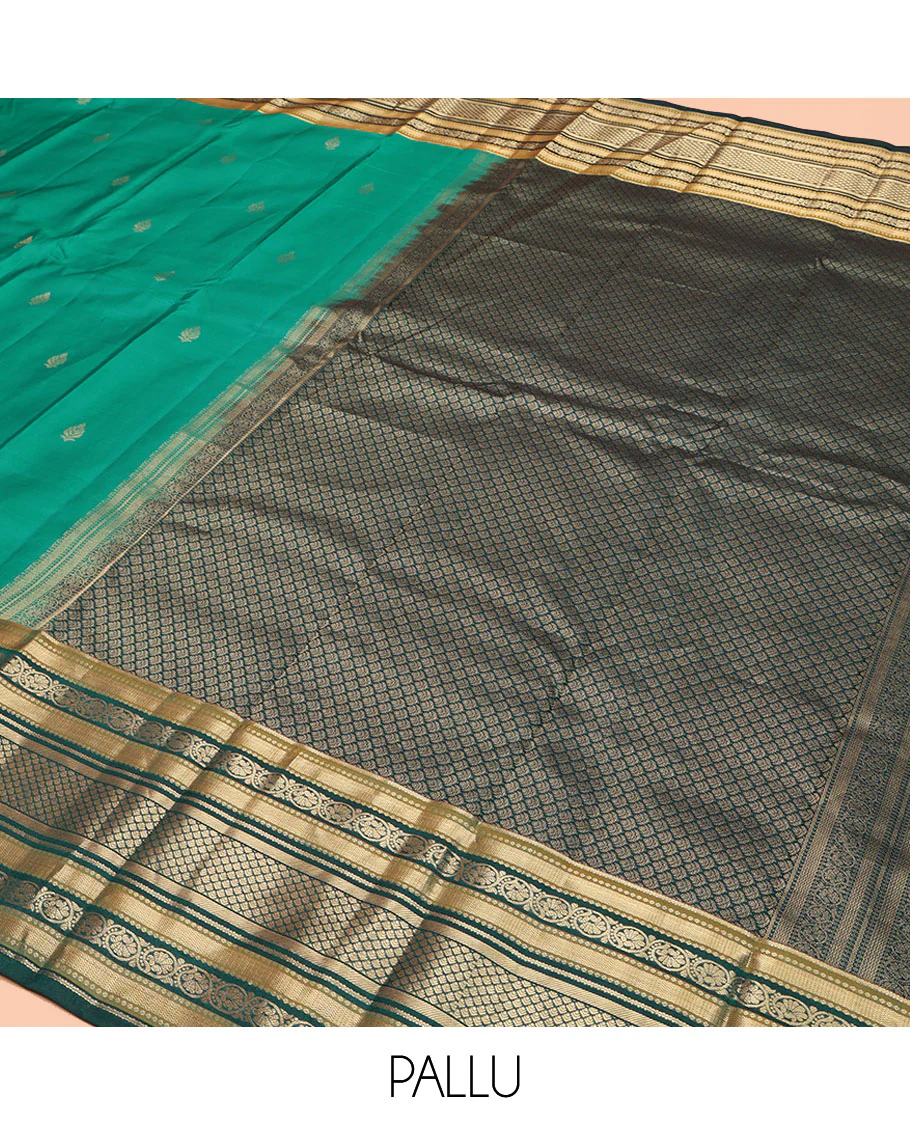 Green Kanchipuram Silk Saree, Detailed with Buttas on Its Body, Complemented by a Contrast Border of Vanki, Kodi Visiry, Neli, Banaras, and Jaal Designs, Grandly Jaal Woven Pallu, and Paired with a Contrast Blouse - Image 5