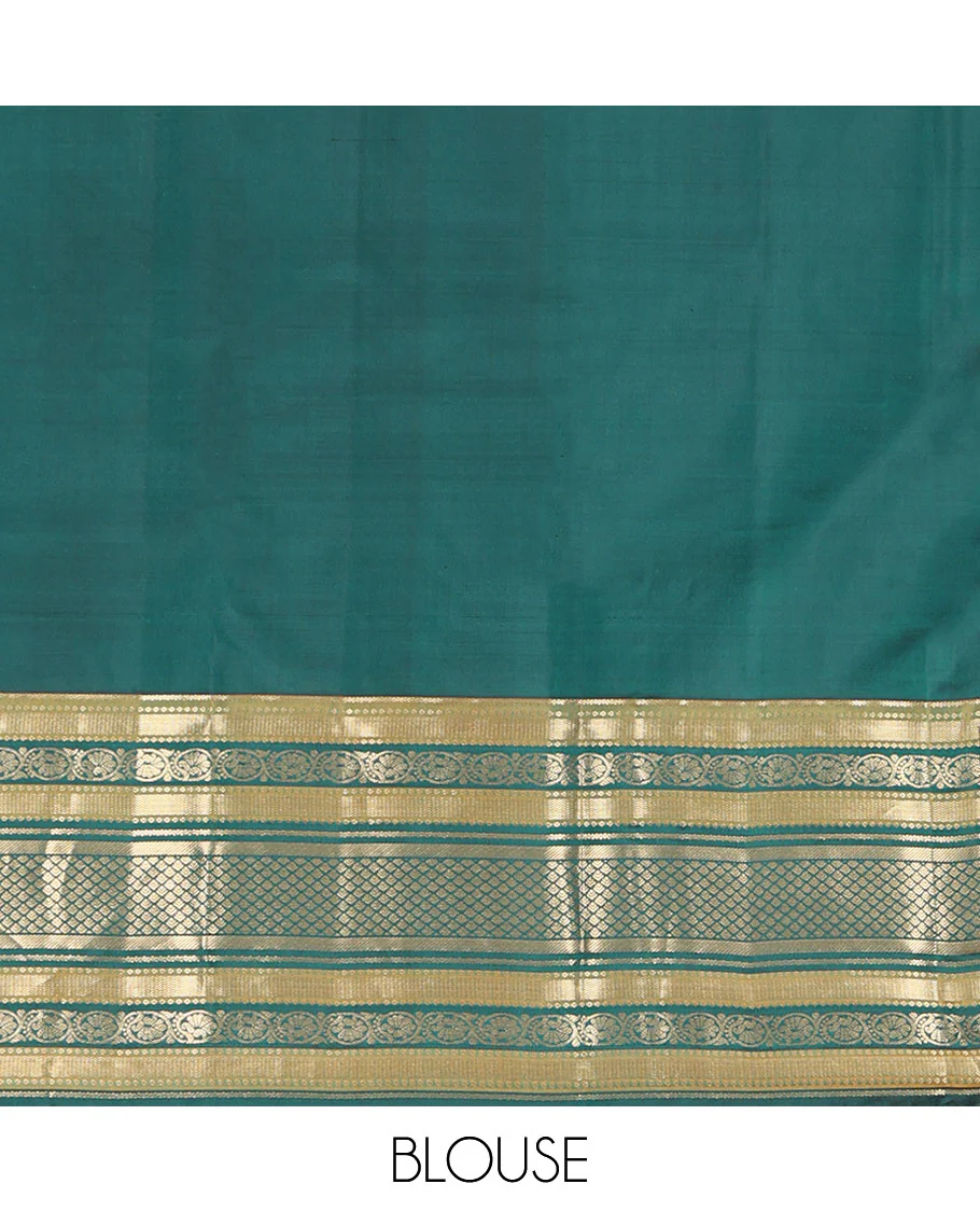 Green Kanchipuram Silk Saree, Detailed with Buttas on Its Body, Complemented by a Contrast Border of Vanki, Kodi Visiry, Neli, Banaras, and Jaal Designs, Grandly Jaal Woven Pallu, and Paired with a Contrast Blouse - Image 6