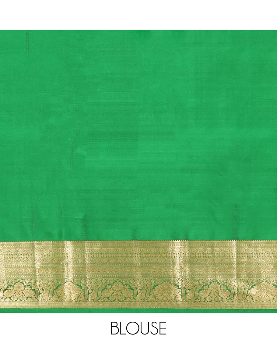 Green Kanchipuram Silk Saree Embellished with Jacquard Design, Highlighted by a Contrast Border of Thilakam, Muthu, Rekku, Manga, Chakram, and Floral Designs, Majestically Woven Pallu Steeped with Chakram Designs, and Paired with a Matching Blouse - Image 6