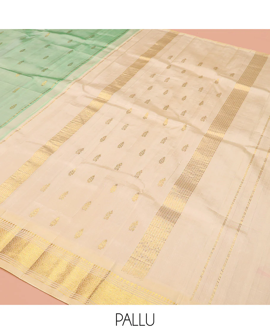 Green Kanchipuram Silk Saree, Featuring Zari Buttas, a Contrast One-Sided Border of Panner Sombu, Muthu, Banaras, and Jaal Design, Zari Design Pallu, and No Blouse - Image 5