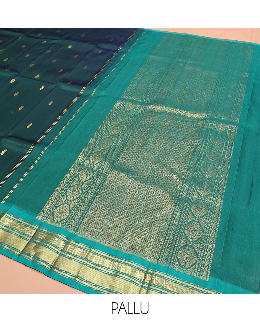 Green Kanchipuram Silk Saree, Finely Woven with Zari Buttas All Over Its Body, Complemented by Contrast One-sided Border Featuring Muthu, Kathir, and Vanki Designs, Zari Elevated Pallu of Jaal Designs, and Comes Without a Blouse - Image 5