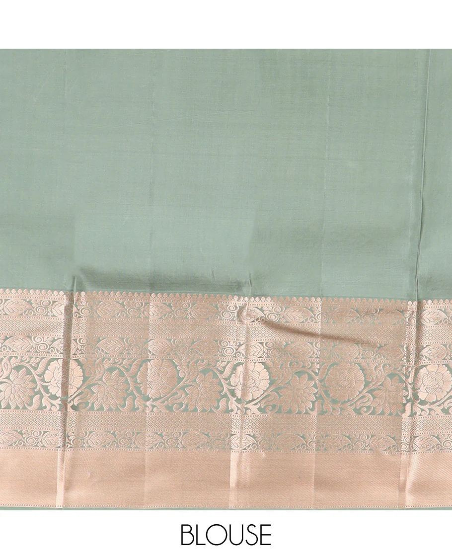 Green Kanchipuram Silk Saree Highlighted by Jacquard Design, Complemented by Zari Border of Thilakam Mokku, Manga, Jaal, and Kodi Visiry Designs, Pallu Elevated with Intricate Zari Designs, and Paired with a Matching Blouse - Image 6