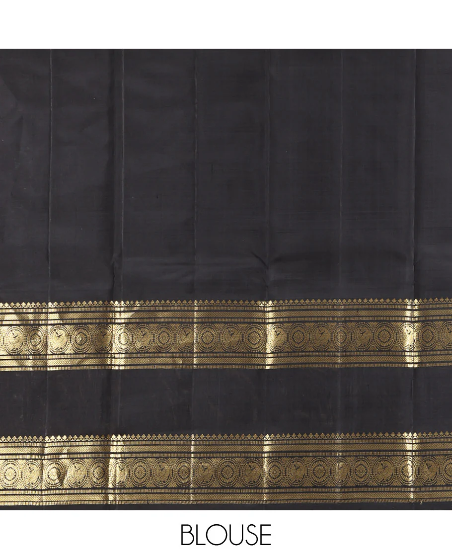 Green Kanchipuram Silk Saree, Ornamented with Zari Buttas All Over Its Body, Complemented by a Contrast Rettai Pettu Border of Salngai, Muthu, Kathir, Chakram, and Round Mayil Designs, Grand Pallu, and Paired with a Contrast Blouse - Image 6