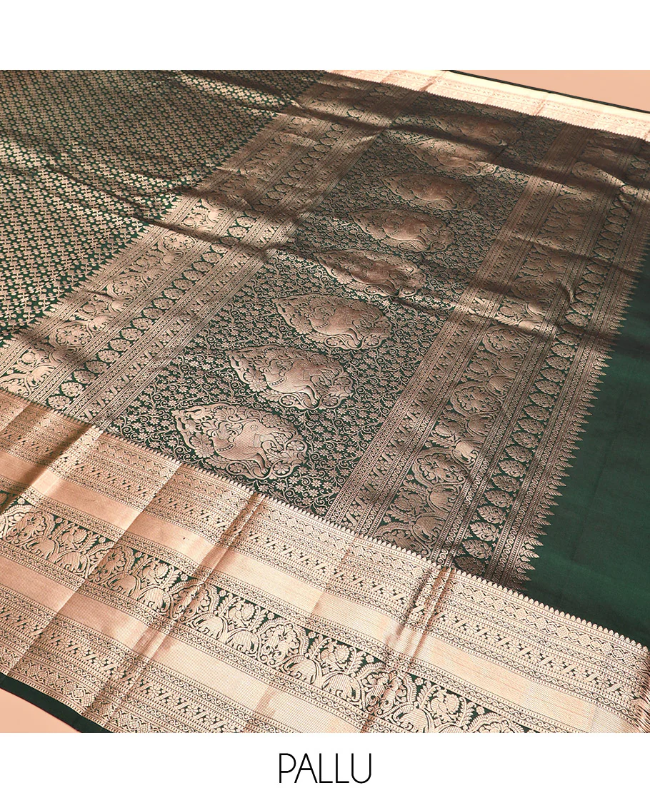 Green Kanchipuram Silk Saree Spotlighted with Jacquard Design, Highlighted by Zari Border of Thilakam, Diamond, Chakram, Cross Kamalam, Mayil, Yaanai, and Zari Designs, Pallu Pictures Big Yaali Designs, and Paired with a Matching Blouse - Image 5