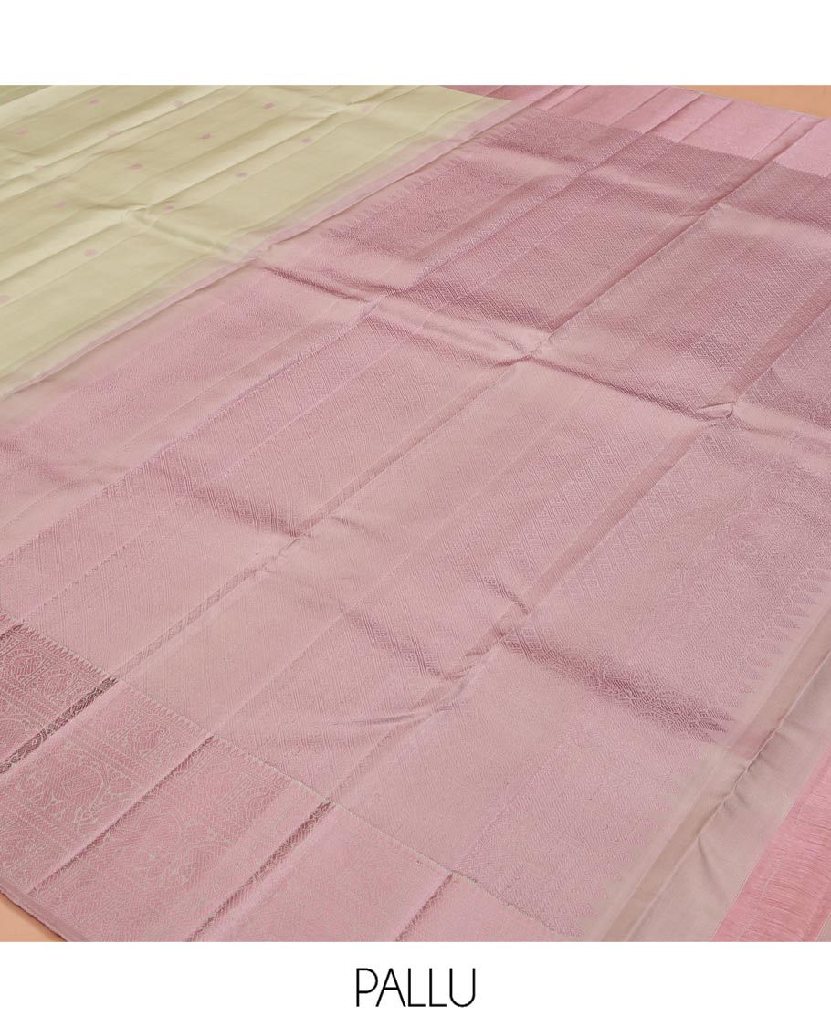 Green Kanchipuram Silk Saree, Subtly Enriched with Mayil-Chakram Buttas All Over Its Body, Complemented by a Contrast Border of Thilakam, Banaras, Mayil, Kathir, and Yaanai Designs, Pallu Steeped with Kamalam Designs, and Paired with a Contrast Blouse - Image 5