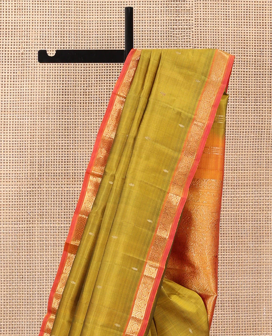 Green Kanchipuram Silk Saree Subtly Sparkled with Zari Buttas, Complemented by a Contrast Border of Jada Nagam Designs, Richly Zari Detailed Pallu, and Paired with a Contrast Blouse - Image 3