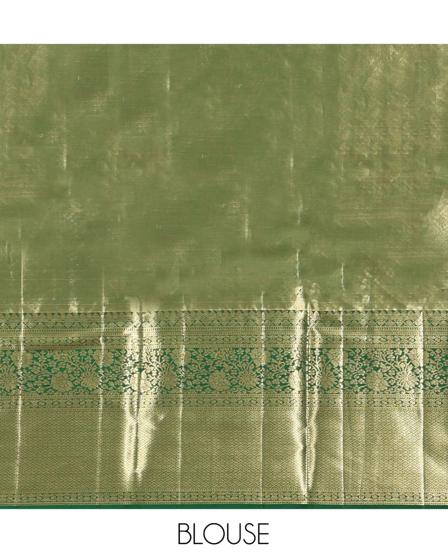 Green Kanchipuram Tissue Silk Saree, Majestically Detailed with Jacquard Designs on Its Body, Highlighted by a Zari Border of Jaal, and Floral Designs, Intricately Designed Pallu, and Paired with a Matching Blouse - Image 6