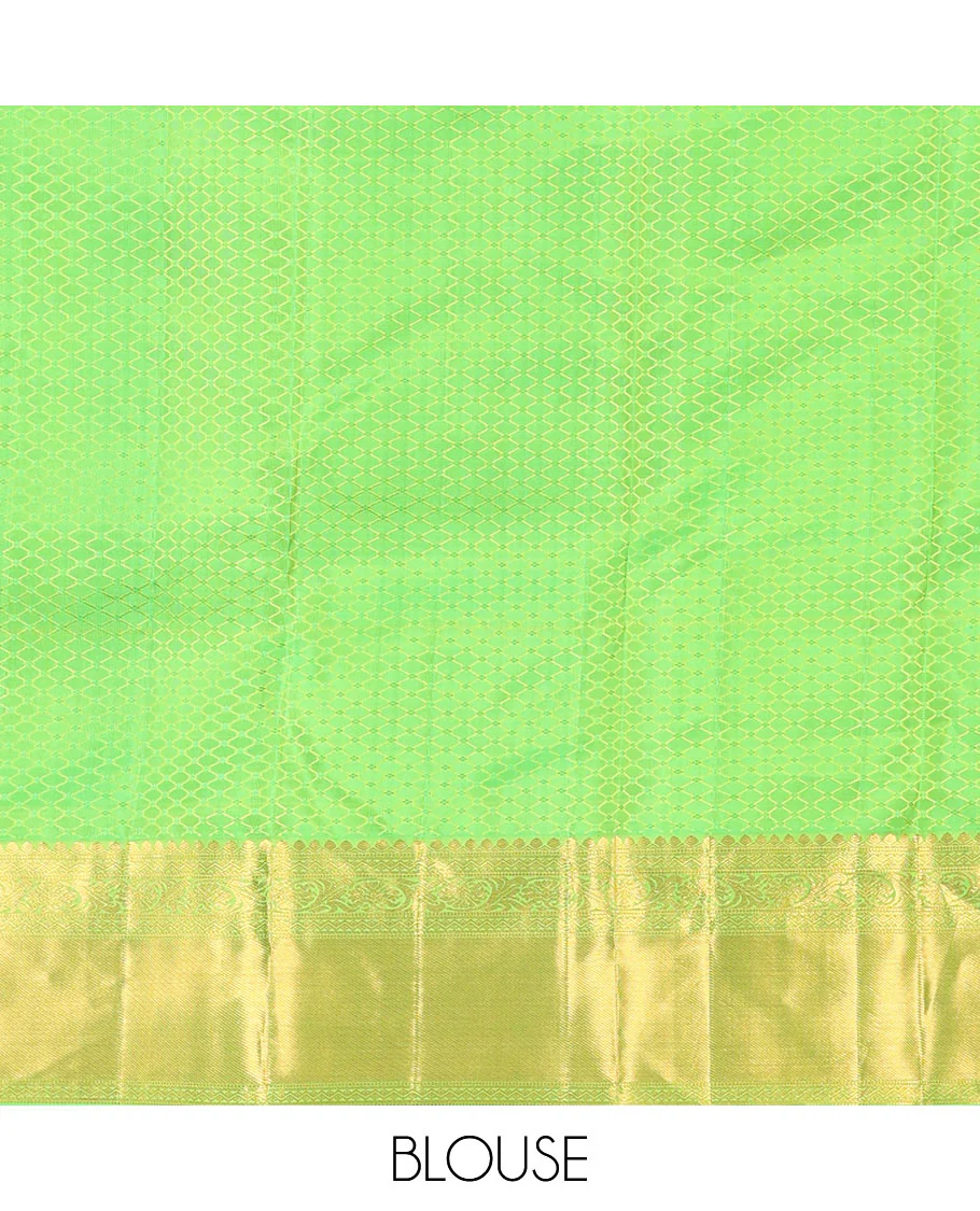 Green Kanchipuram Wedding Silk Saree, Artfully Detailed with Jacquard Designs on Its Body, Highlighted by a Zari Border of Thilakam, Rettai Neli, and Kodi Visiry Designs, Gracefully Embellished Pallu, and Paired with a Matching Blouse - Image 6