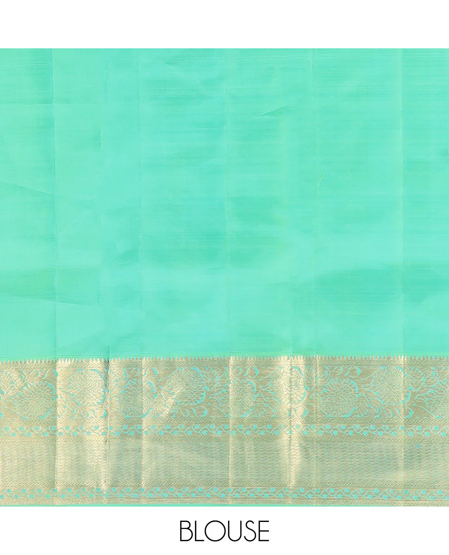 Green Kanchipuram Wedding Silk Saree Beautifully Bedecked with Meenakari Jacquard Designs, Highlighted with Contrast Border of Rekku, Kathir, and Kodi Visiry Designs, Grandly Decked Up Pallu of Jaal Designs, and Paired with a Contrast Blouse - Image 6