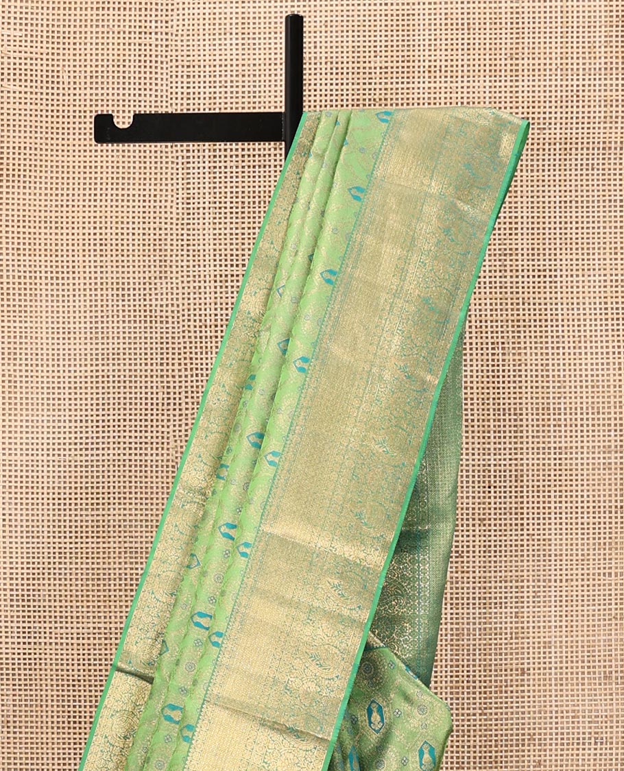 Green Kanchipuram Wedding Silk Saree, Elegantly Highlighted with Meenakari Jacquard on Its Body, Highlighted by a Zari Border of Jaal, and Arumbu Manga Designs, Grand Jaal Pallu, and Paired with a Matching Blouse - Image 3