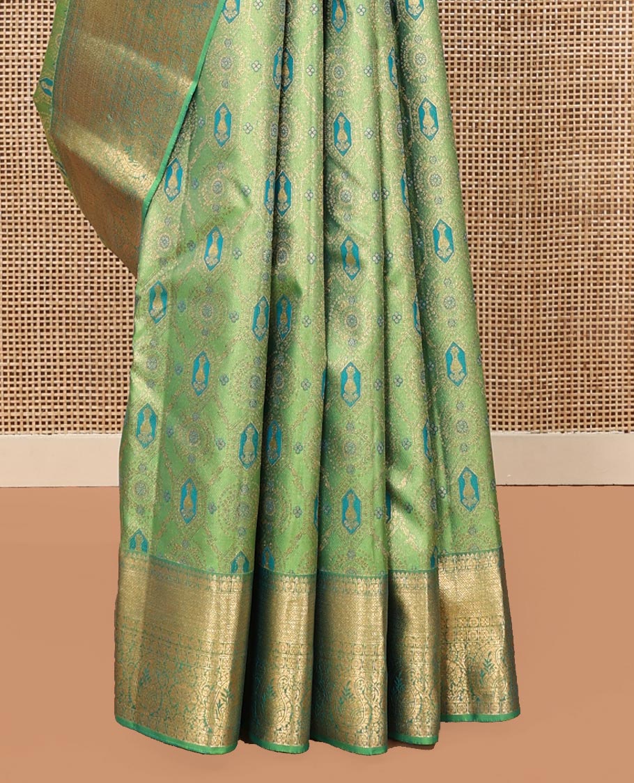 Green Kanchipuram Wedding Silk Saree, Elegantly Highlighted with Meenakari Jacquard on Its Body, Highlighted by a Zari Border of Jaal, and Arumbu Manga Designs, Grand Jaal Pallu, and Paired with a Matching Blouse - Image 4