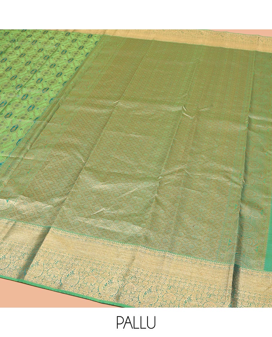 Green Kanchipuram Wedding Silk Saree, Elegantly Highlighted with Meenakari Jacquard on Its Body, Highlighted by a Zari Border of Jaal, and Arumbu Manga Designs, Grand Jaal Pallu, and Paired with a Matching Blouse - Image 5