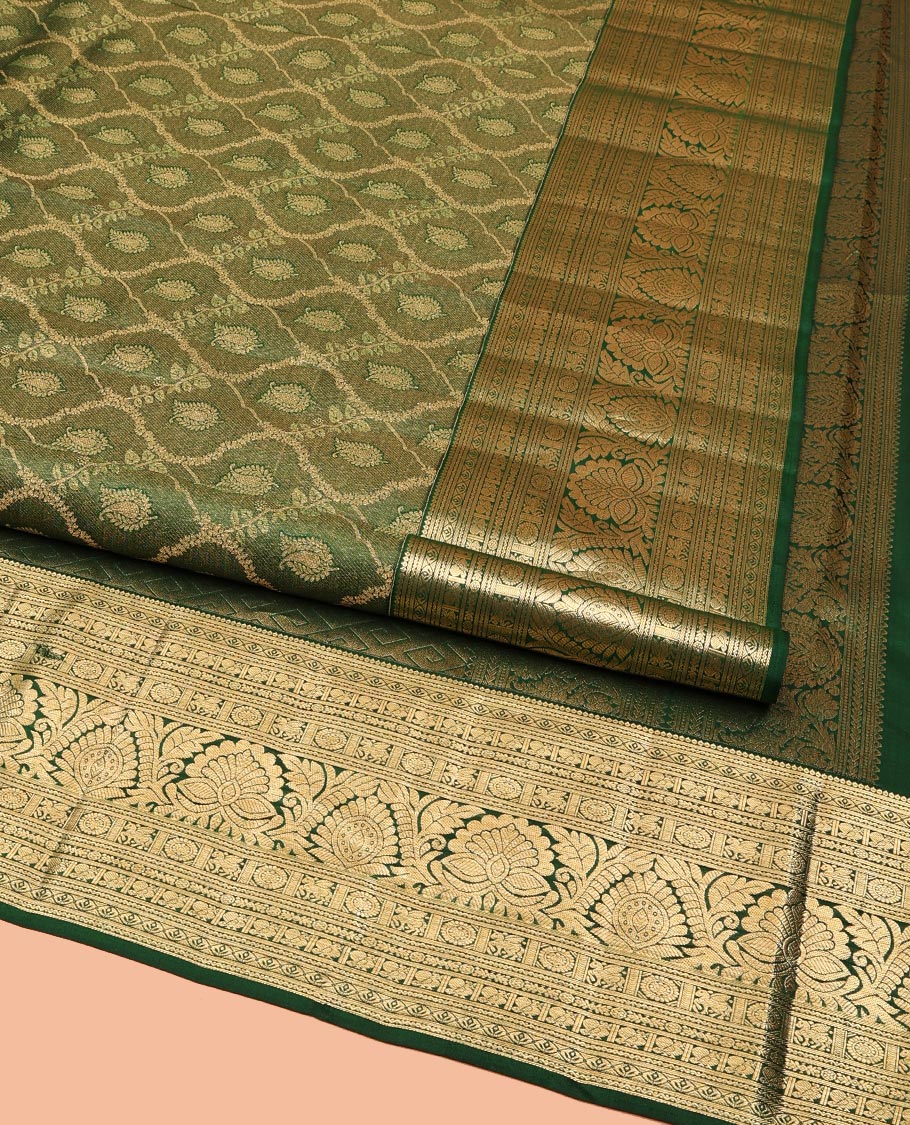 Green Kanchipuram Wedding Silk Saree, Elevated with Jacquard Designs on Its Body, Highlighted by a Traditional Zari Border of Kuthirai, Chakram, and Mayil Designs, Pallu of Greek Key Designs, and Paired with a Matching Blouse - Image 2