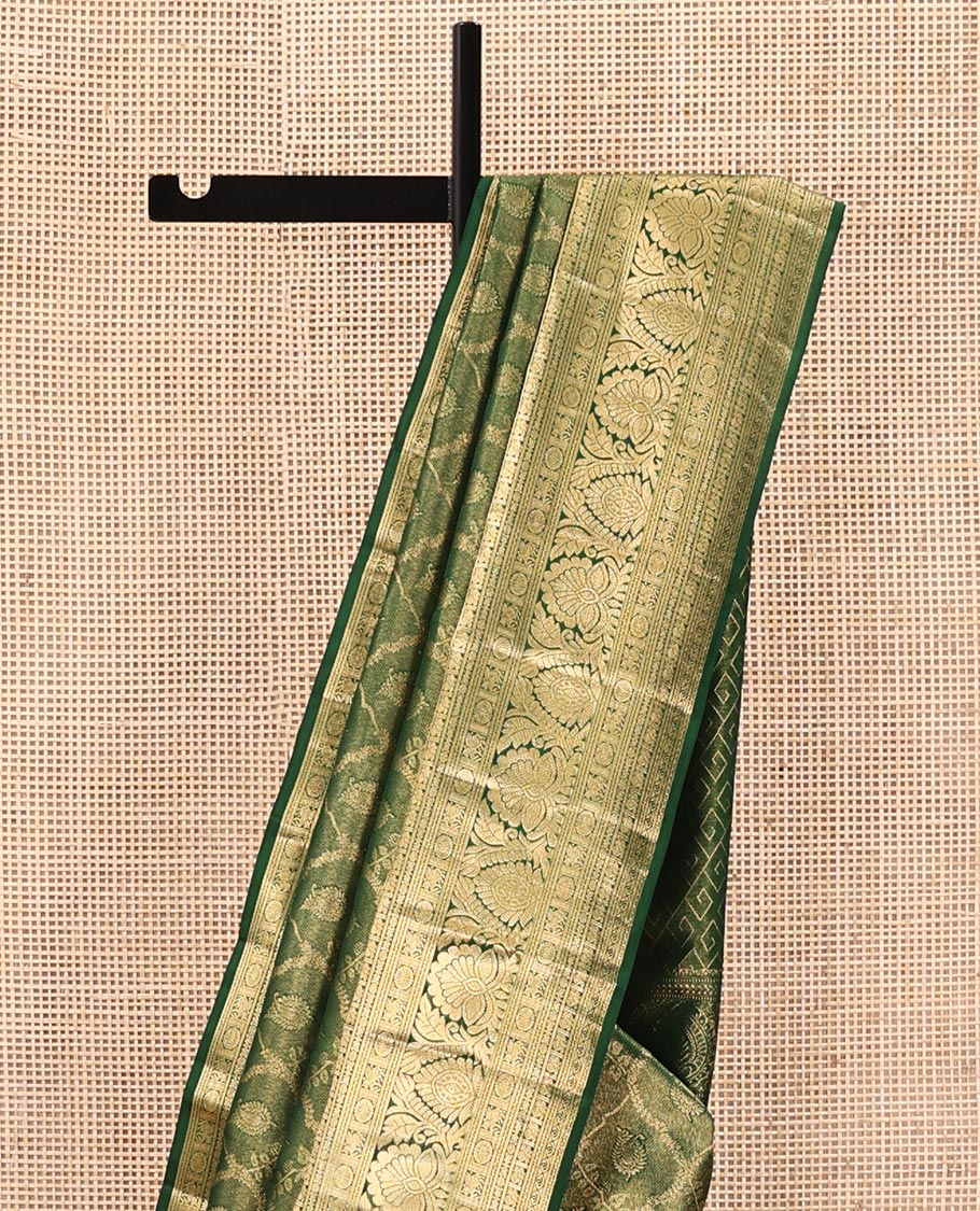 Green Kanchipuram Wedding Silk Saree, Elevated with Jacquard Designs on Its Body, Highlighted by a Traditional Zari Border of Kuthirai, Chakram, and Mayil Designs, Pallu of Greek Key Designs, and Paired with a Matching Blouse - Image 3