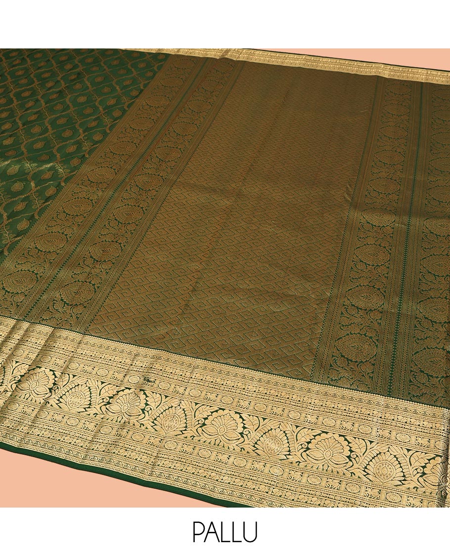 Green Kanchipuram Wedding Silk Saree, Elevated with Jacquard Designs on Its Body, Highlighted by a Traditional Zari Border of Kuthirai, Chakram, and Mayil Designs, Pallu of Greek Key Designs, and Paired with a Matching Blouse - Image 5