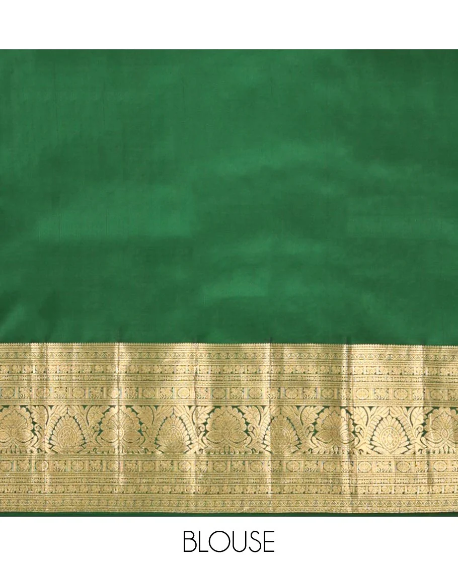 Green Kanchipuram Wedding Silk Saree, Elevated with Jacquard Designs on Its Body, Highlighted by a Traditional Zari Border of Kuthirai, Chakram, and Mayil Designs, Pallu of Greek Key Designs, and Paired with a Matching Blouse - Image 6