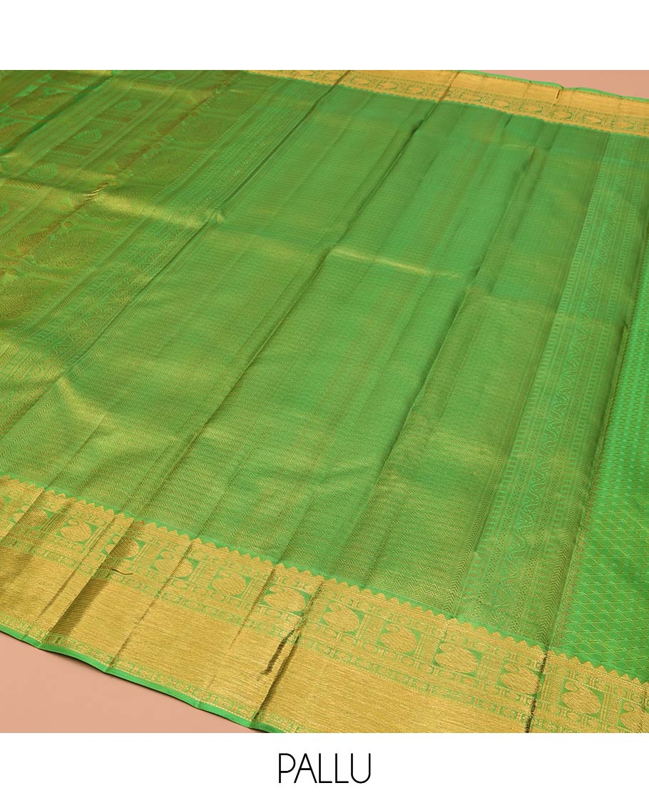 Green Kanchipuram Wedding Silk Saree, Entralled with Jacquard Design On Its Body, Highlighted by Zari Border of Rekku, Kathir, Muthu, Manga and Zari Stripes, Grand Pallu and Paired with a Matching Blouse - Image 5