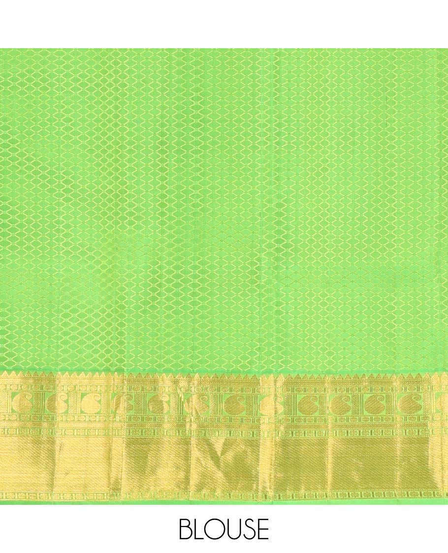 Green Kanchipuram Wedding Silk Saree, Entralled with Jacquard Design On Its Body, Highlighted by Zari Border of Rekku, Kathir, Muthu, Manga and Zari Stripes, Grand Pallu and Paired with a Matching Blouse - Image 6