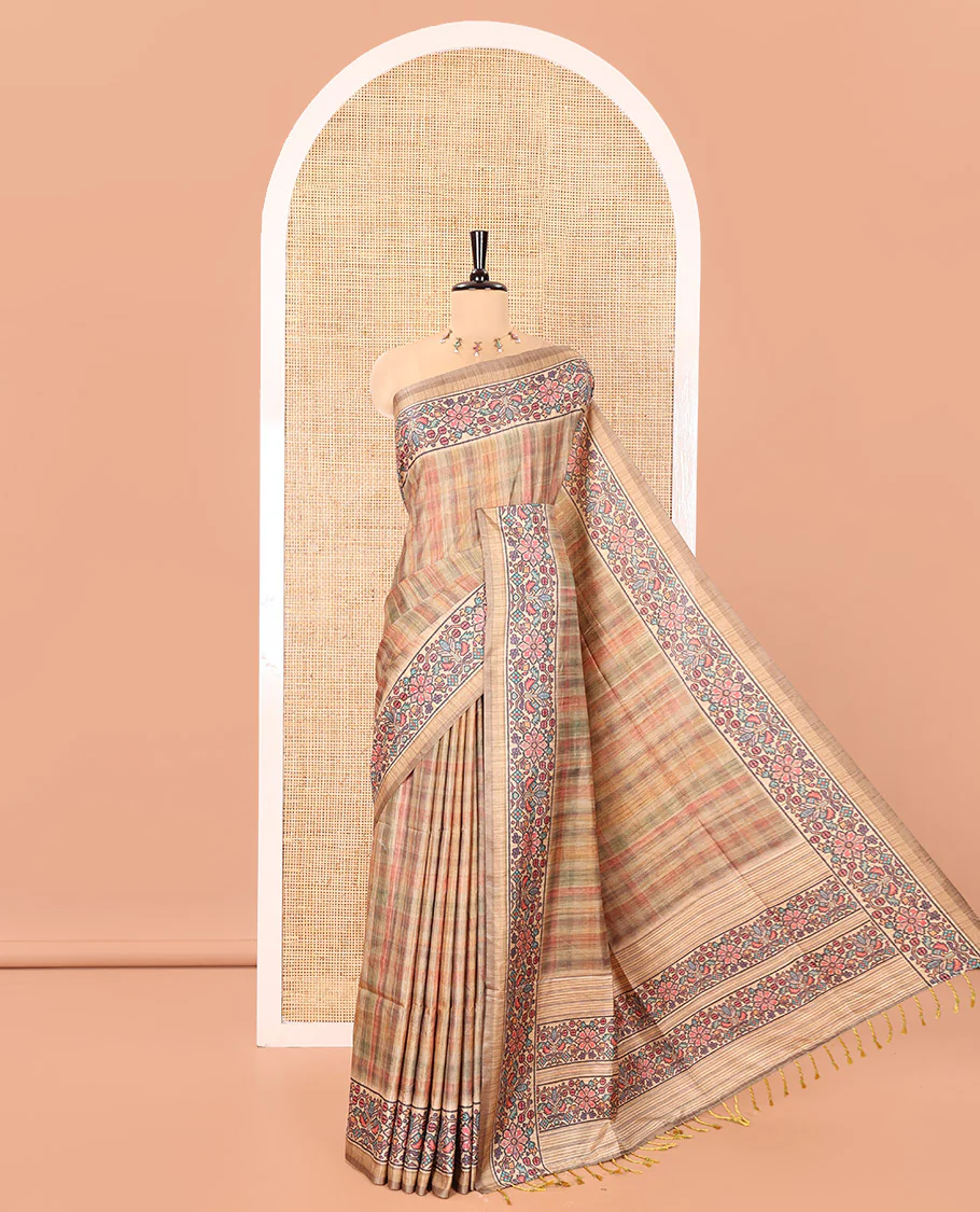 Green Katan Silk Saree, Enriched with Checked Design On Its Body, Artfully Designed Madhubani Painting Theme Border, Pallu of Same Madhubani Print, and Paired with a Madhubani Printed Blouse