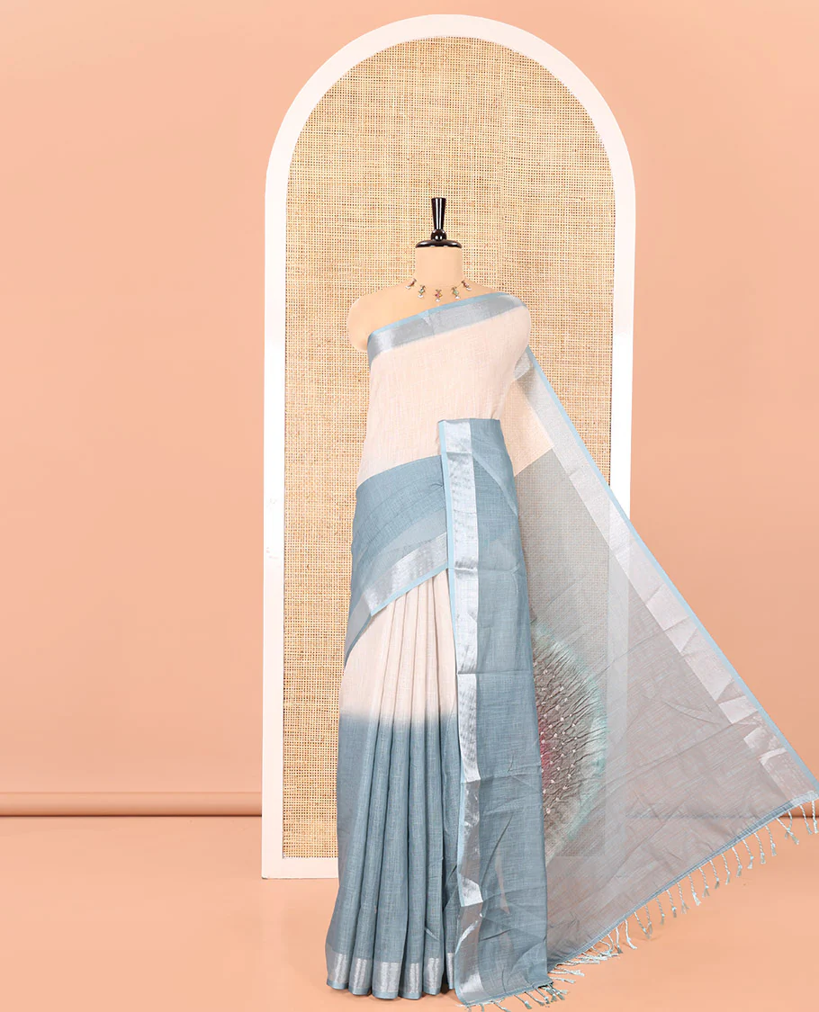 Green Linen Cotton Saree, Accentuated with Ombre-Style Double-Color Print, Highlighted by Contrast Zari Bavanji Border, Pallu Pictures Bandhani Design, and Paired with a Contrast Bandhani Blouse