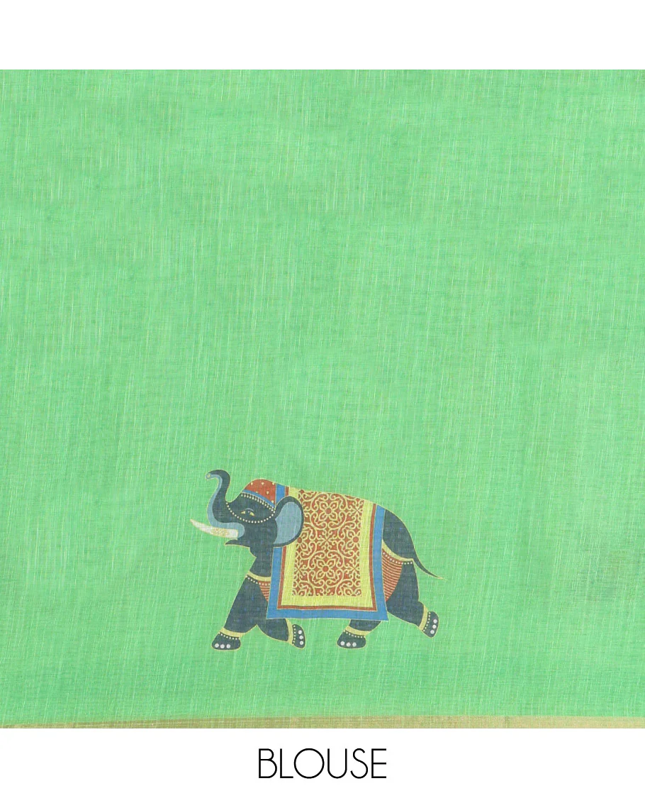 Green Linen Cotton Saree, Decked Up with Micro-Checks and Elephant Motifs on Its Body, Complemented by a Contrast Border, Striped Pallu, and Paired with a Contrast Elephant Motifs Printed Blouse - Image 3