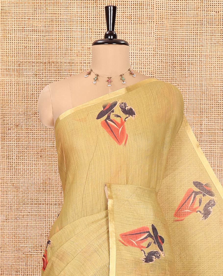 Green Linen Cotton Saree, Elevated with Girl Motifs Printed on Its Body, Subtle Zari Piping Border, Pallu Mirrors the Same Print, and Comes with a Matching Printed Blouse - Image 2