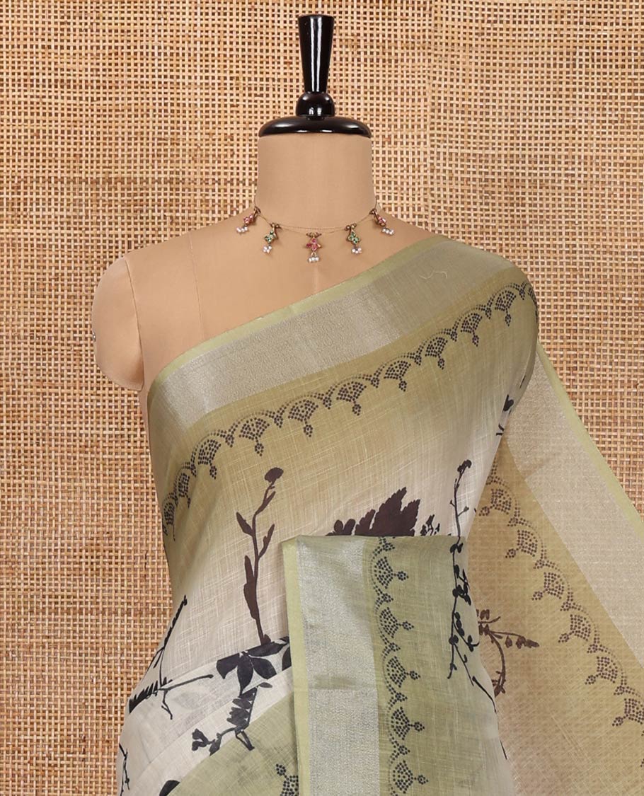 Green Linen Cotton Saree, Embellished with Silhouette-Style Floral Motifs Printed on Its Body, Subtle Zari Bavanji Border, Pallu of Silhouette-Style Floral Print, and Comes with a Matching Blouse - Image 2