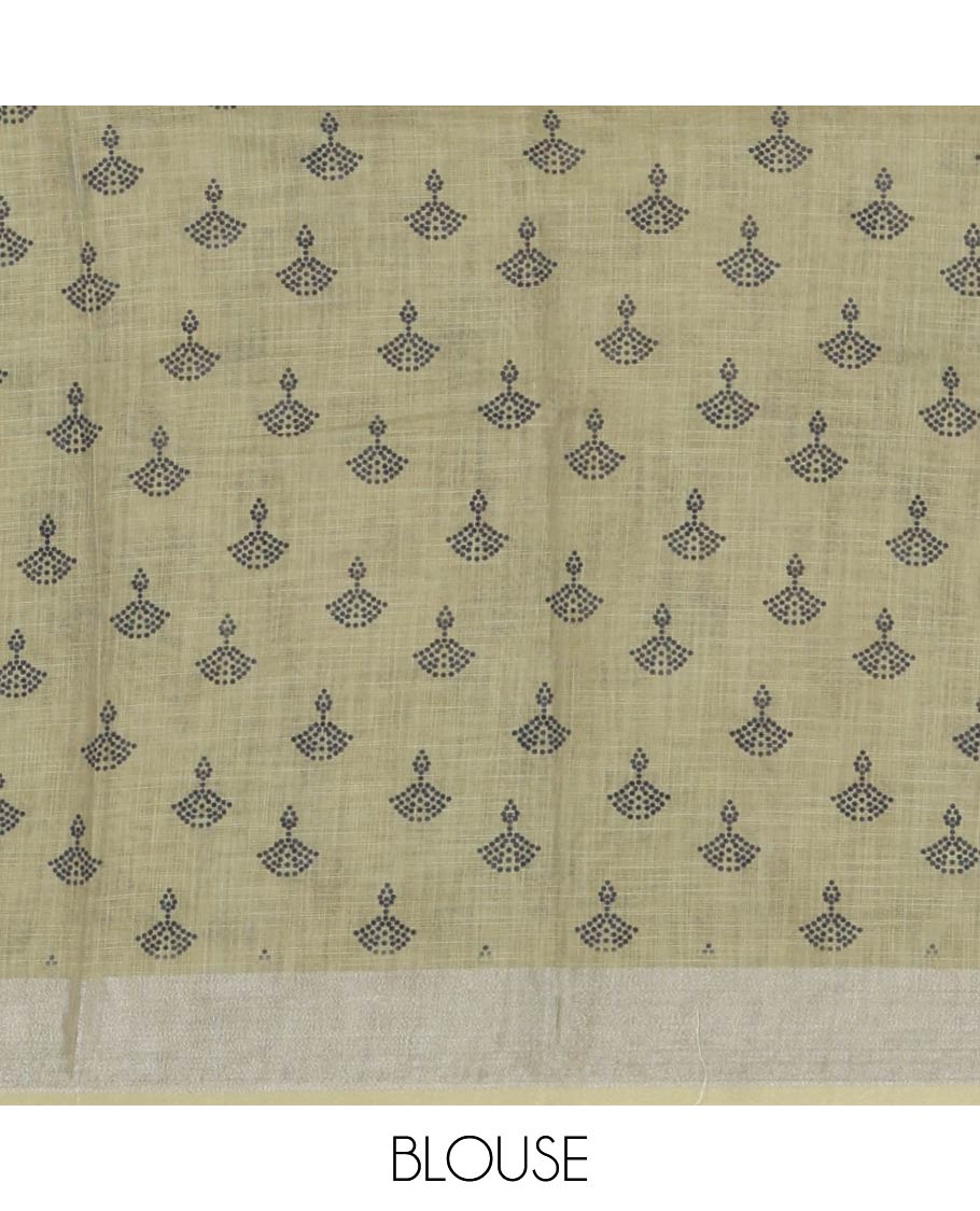 Green Linen Cotton Saree, Embellished with Silhouette-Style Floral Motifs Printed on Its Body, Subtle Zari Bavanji Border, Pallu of Silhouette-Style Floral Print, and Comes with a Matching Blouse - Image 3