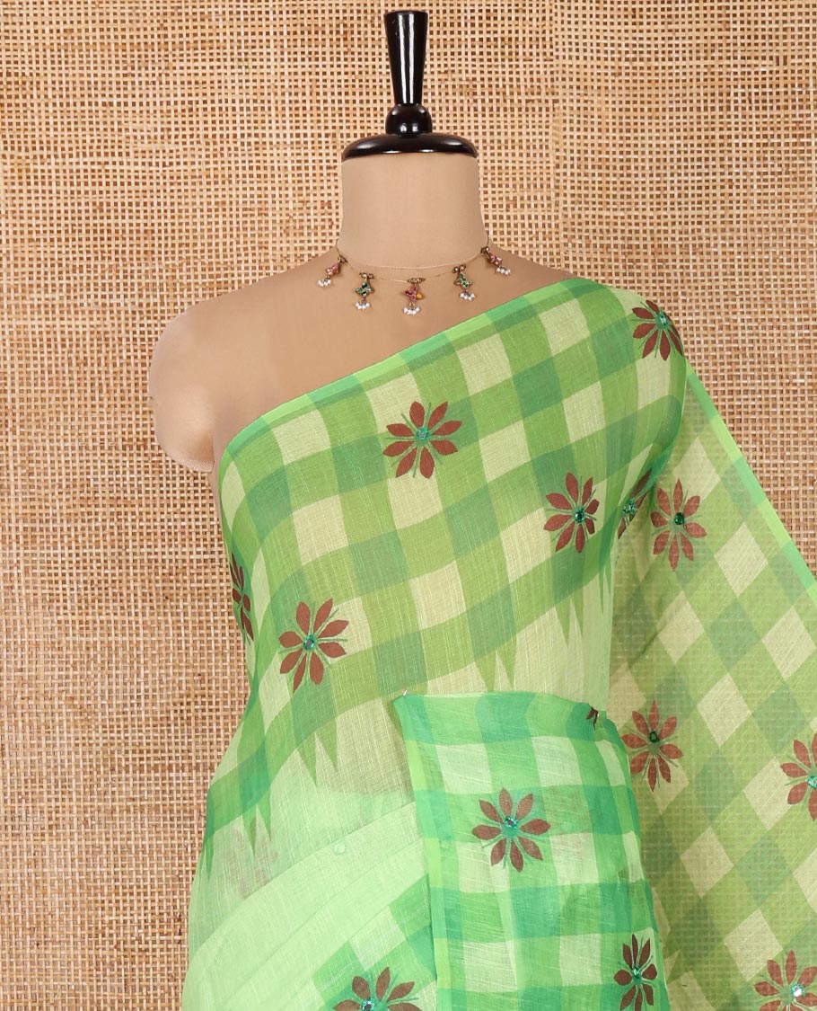 Green Linen Cotton Saree, Gleamed up with Mirror Work On Its Body, Complemented by Contrast Temple Checked Border of Floral Print and Mirror Work, Pallu Mirrors the Same Design and Paired with a Contrast Blouse - Image 2