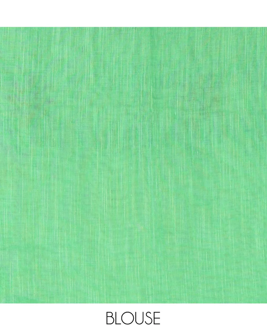 Green Linen Cotton Saree, Gleamed up with Mirror Work On Its Body, Complemented by Contrast Temple Checked Border of Floral Print and Mirror Work, Pallu Mirrors the Same Design and Paired with a Contrast Blouse - Image 3