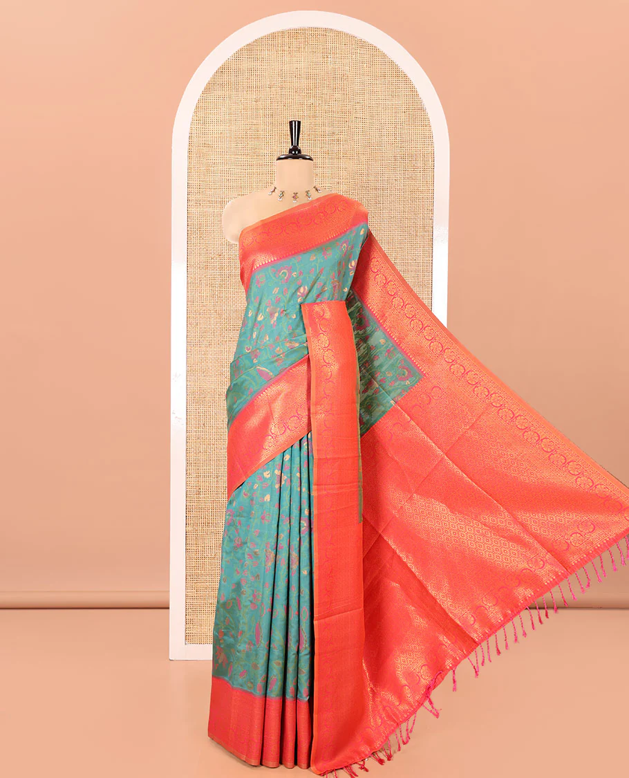 Green Litchi Saree, Delicately Woven with Floral Vine in Resham and Zari Thread Designs, Complemented by Contrast Floral Zari Border, Grand Jaal Design Pallu, and Paired with a Contrast Blouse