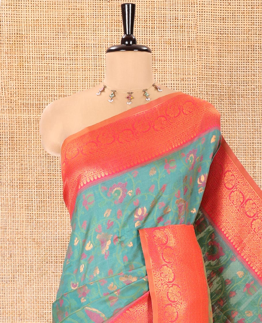 Green Litchi Saree, Delicately Woven with Floral Vine in Resham and Zari Thread Designs, Complemented by Contrast Floral Zari Border, Grand Jaal Design Pallu, and Paired with a Contrast Blouse - Image 2