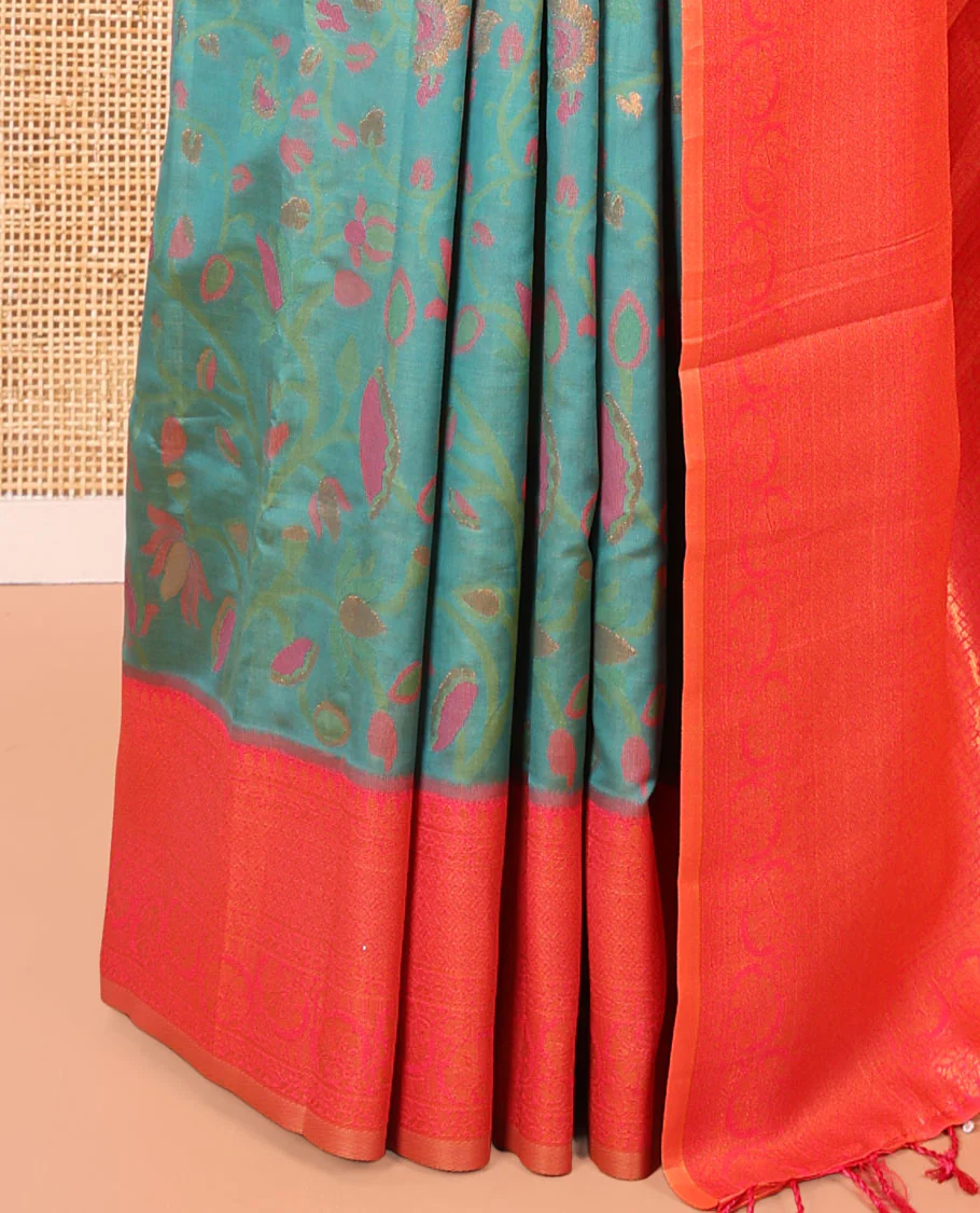 Green Litchi Saree, Delicately Woven with Floral Vine in Resham and Zari Thread Designs, Complemented by Contrast Floral Zari Border, Grand Jaal Design Pallu, and Paired with a Contrast Blouse - Image 3