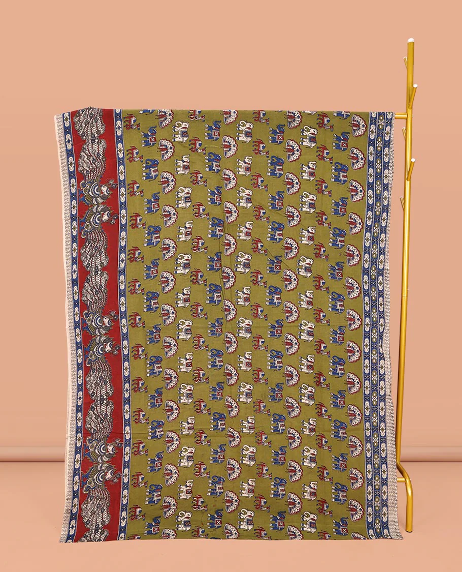 Green Machine-Printed Kalamkari Cotton Saree, Accentuated with Peacock, Elephant, and Camel Motifs  on Its Body, Complemented by a Contrast Border of Peacock Print, Pallu of Leaf Print, and Paired with a Printed Blouse